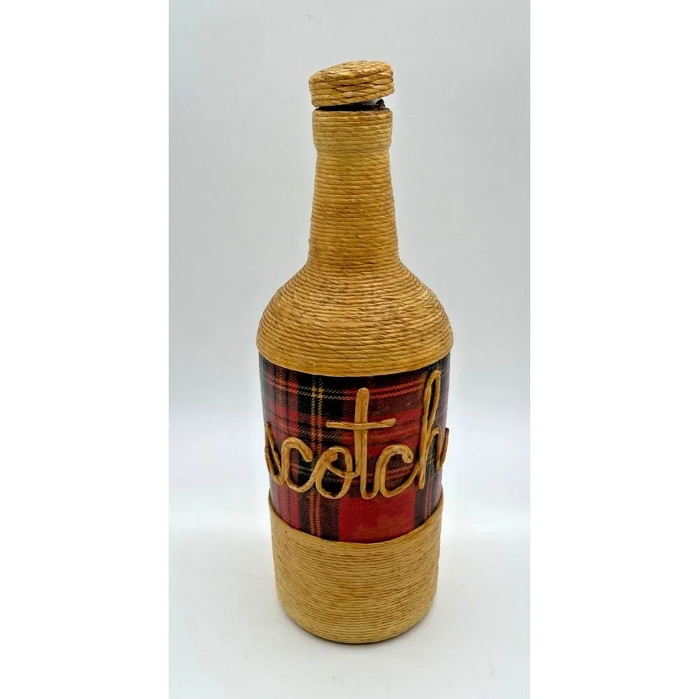 Vintage Wicker Wrapped Scotch Liquor Bottle Tartan Plaid Fine Jute Twine Rare